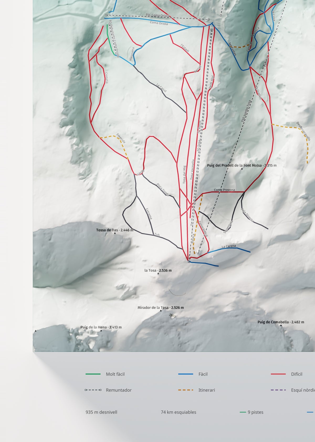Mapa de pistas de Masella · Alpina · 50 × 70 cm. Detalle del cuadrante inferior izquierdo.