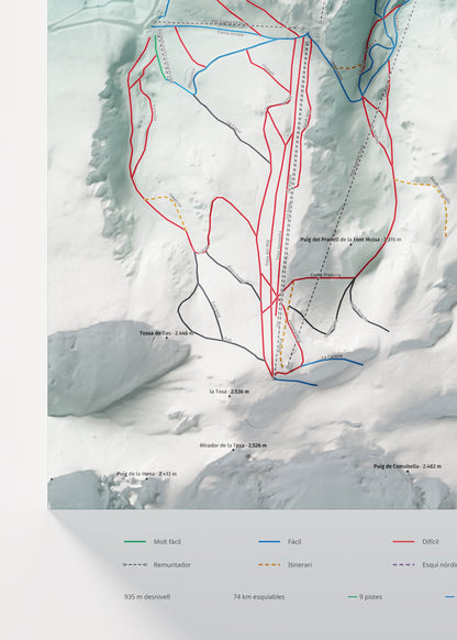 Mapa de pistas de Masella · Alpina · 50 × 70 cm. Detalle del cuadrante inferior izquierdo.