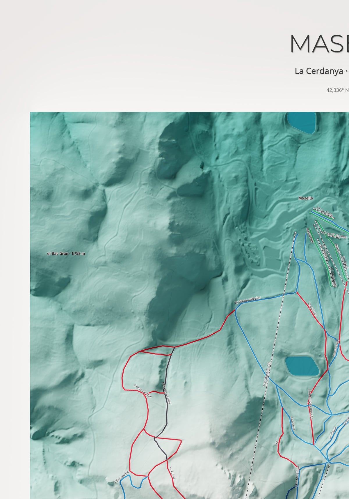 Mapa de pistas de Masella · Alpina · 70 × 100 cm. Detalle del cuadrante superior izquierdo.