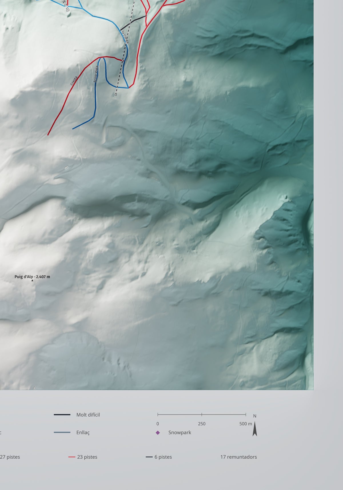 Mapa de pistas de Masella · Alpina · 70 × 100 cm. Detalle del cuadrante inferior derecho.