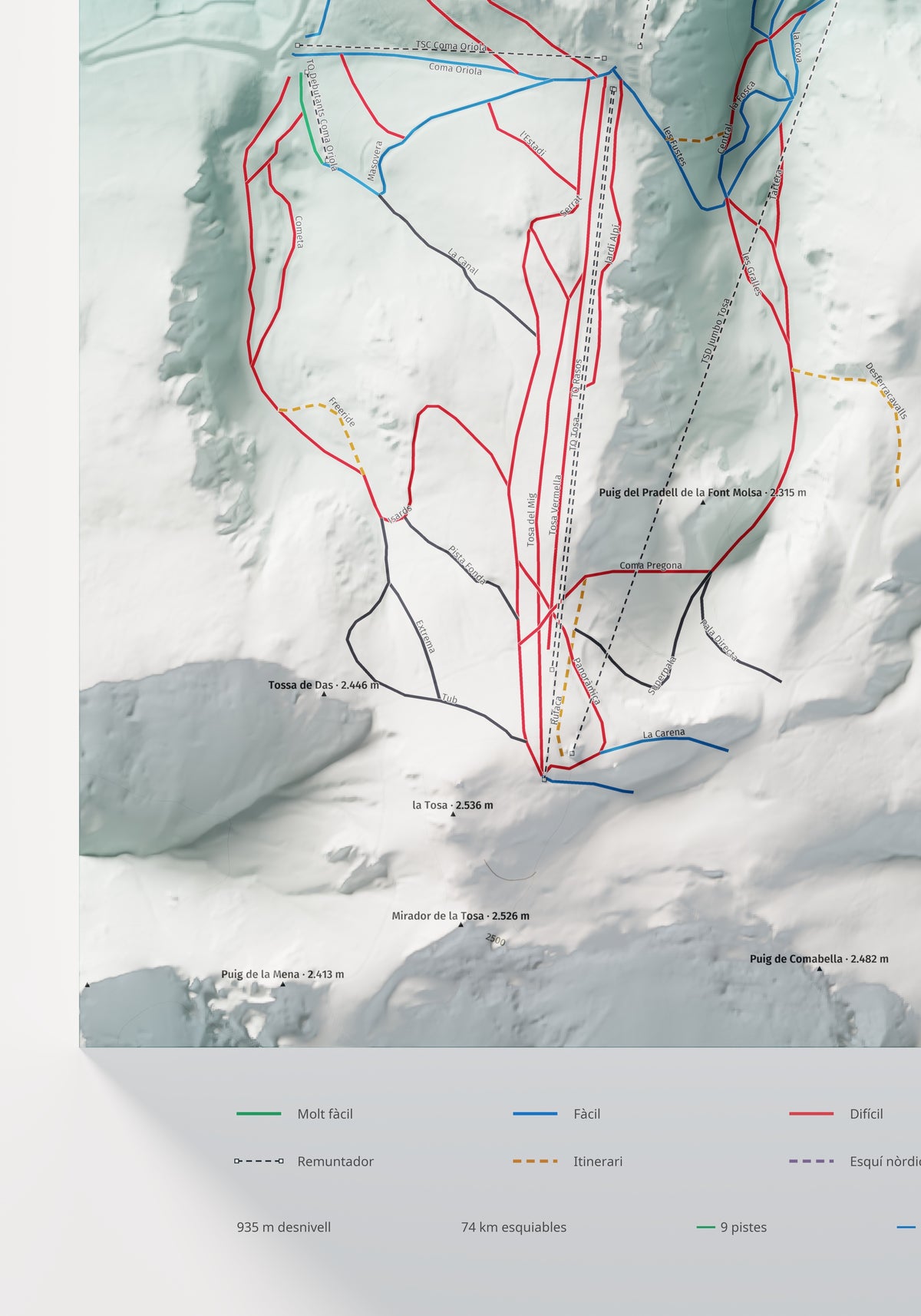 Mapa de pistas de Masella · Alpina · 70 × 100 cm. Detalle del cuadrante inferior izquierdo.