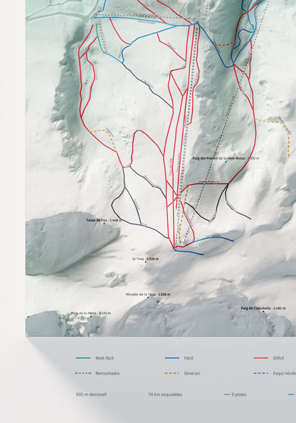 Mapa de pistas de Masella · Alpina · 70 × 100 cm. Detalle del cuadrante inferior izquierdo.
