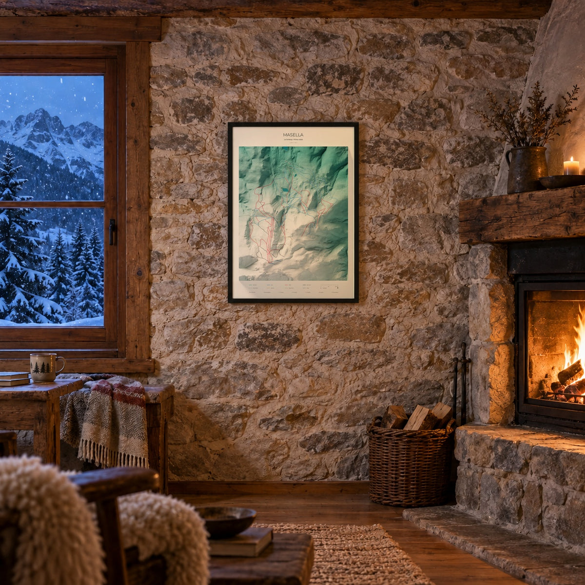 Mapa de pistas de Masella · Alpina · 70 × 100 cm. Lámina enmarcada en la pared de piedra de un refugio con chimenea.