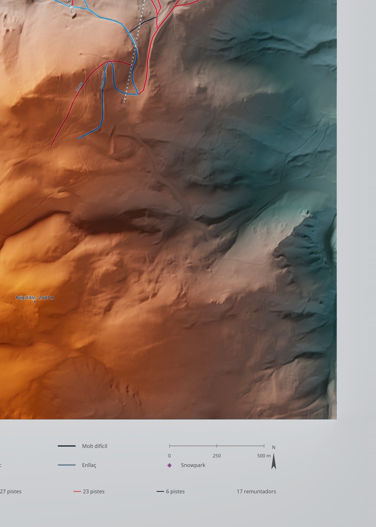 Mapa de pistas de Masella · Contrastado · 50 × 70 cm. Detalle del cuadrante inferior derecho.