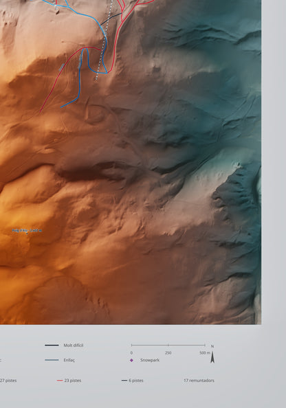Mapa de pistas de Masella · Contrastado · 70 × 100 cm. Detalle del cuadrante inferior derecho.