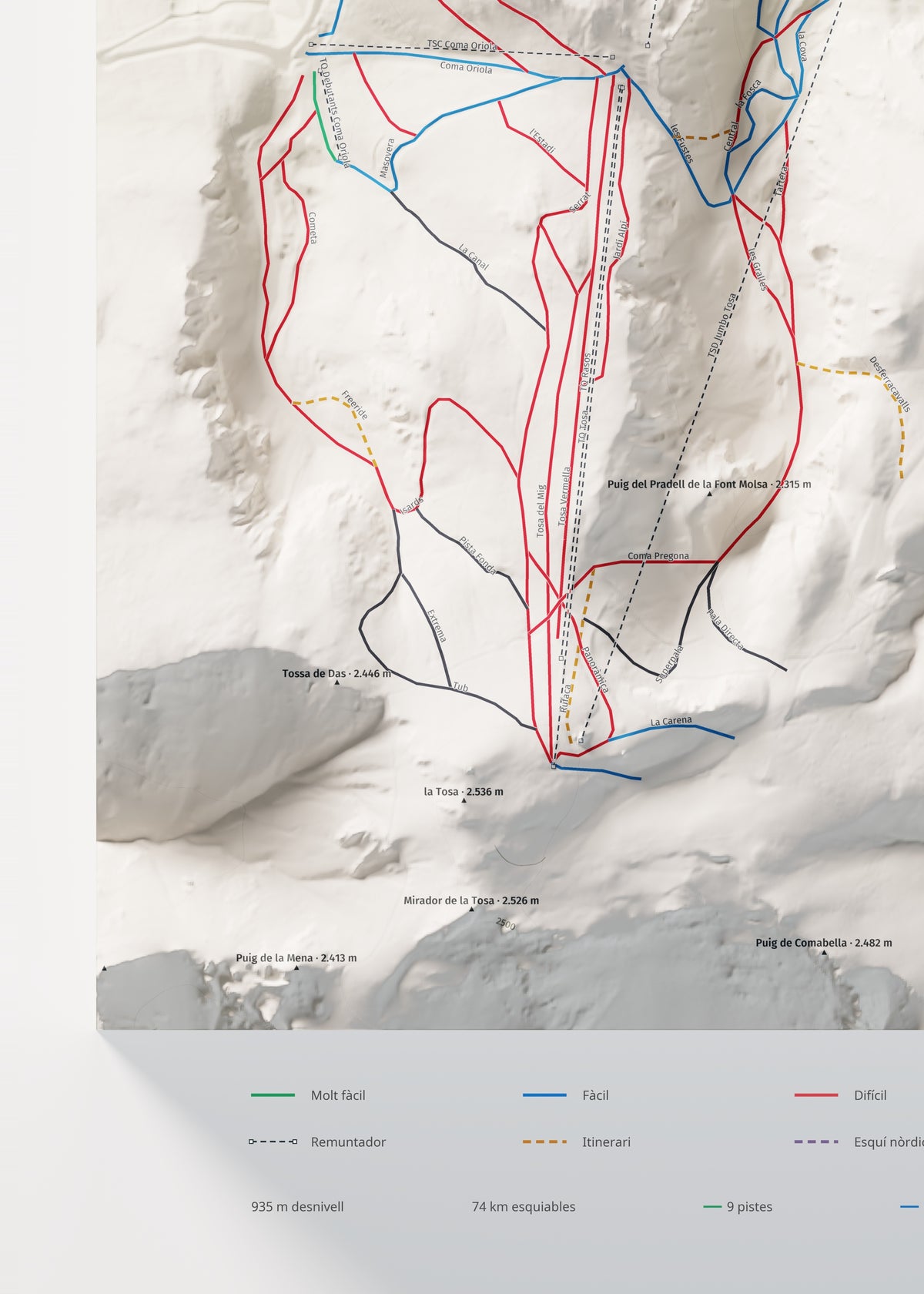 Mapa de pistas de Masella · Cartográfico · 50 × 70 cm. Detalle del cuadrante inferior izquierdo.