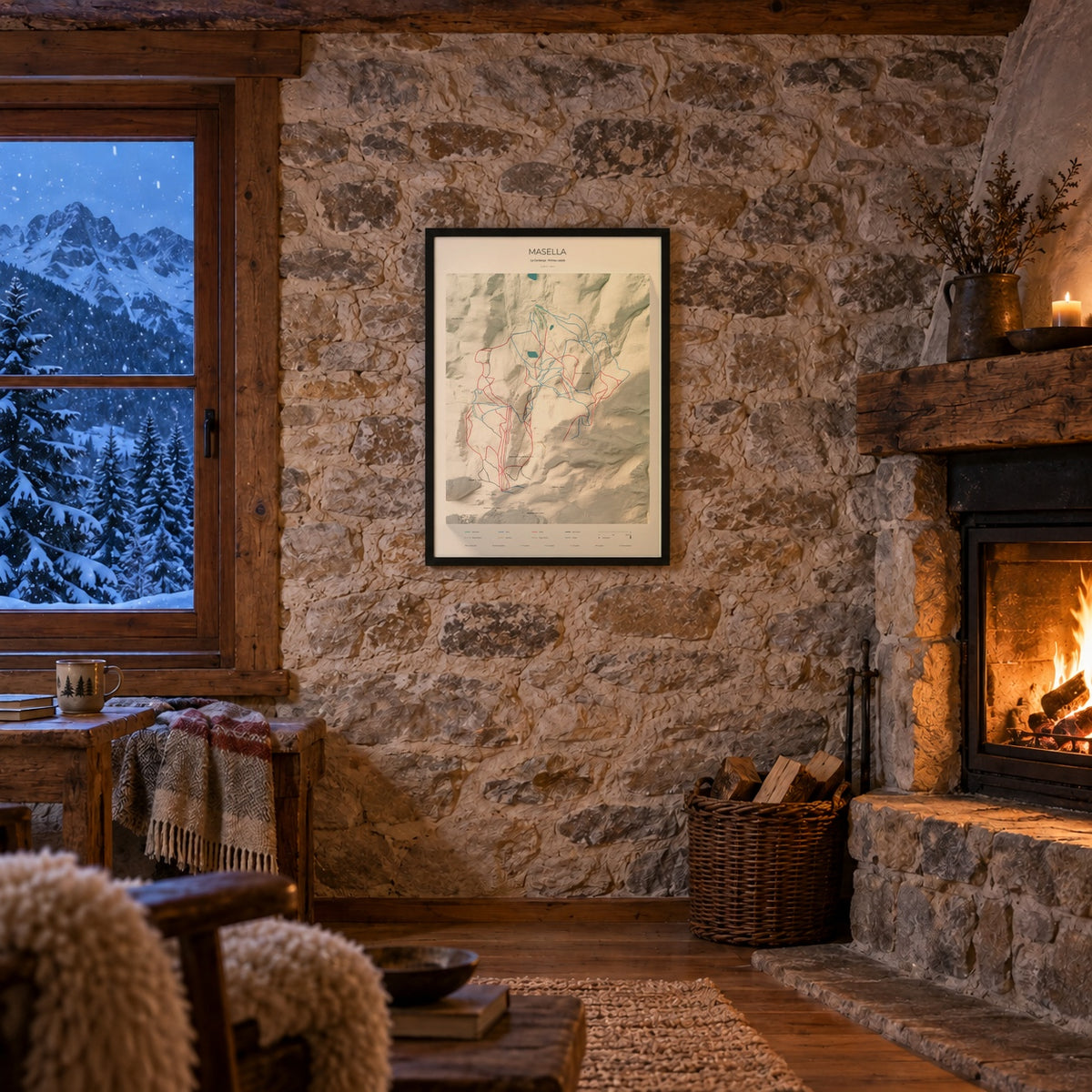 Mapa de pistas de Masella · Cartográfico · 70 × 100 cm. Lámina enmarcada en la pared de piedra de un refugio con chimenea.