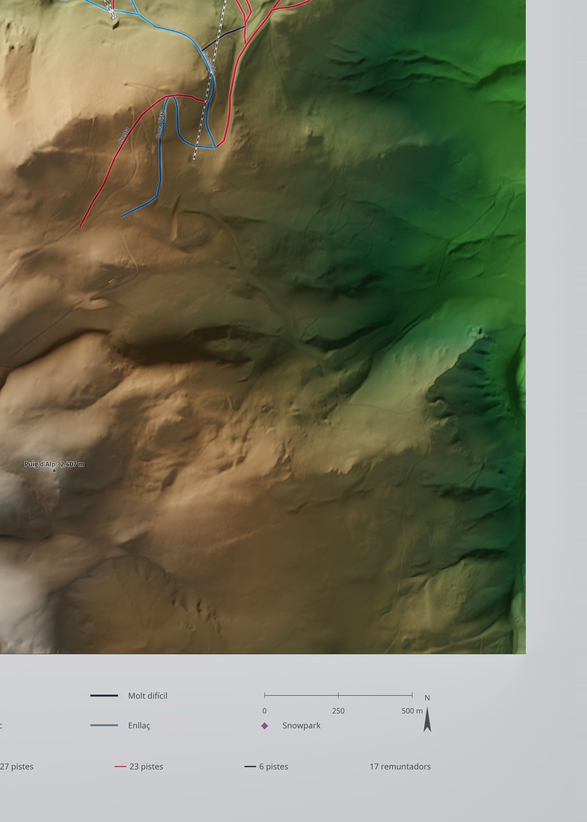 Mapa de pistas de Masella · Clásico · 50 × 70 cm. Detalle del cuadrante inferior derecho.