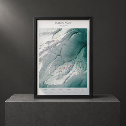 Mapa de pistes de Port del Comte · Alpina · 70 × 100 cm. Làmina emmarcada en negre sobre un pedestal.