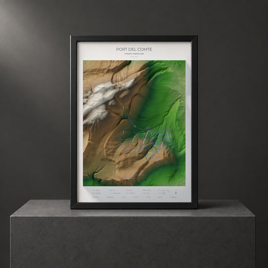 Mapa de pistas de Port del Comte · Clásico · 50 × 70 cm. Lámina enmarcada en negro sobre un pedestal.