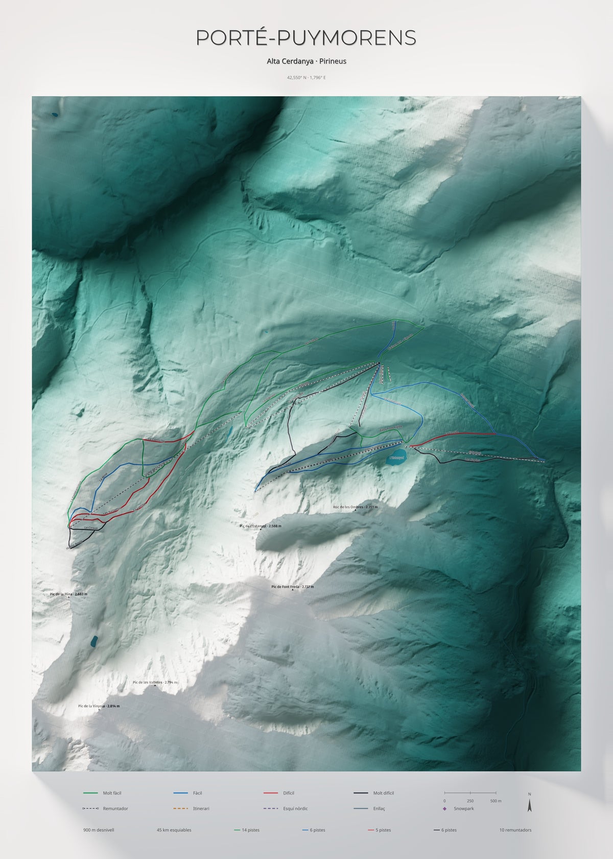 Mapa de pistas de Porté-Puymorens · Alpina · 50 × 70 cm. Lámina completa.