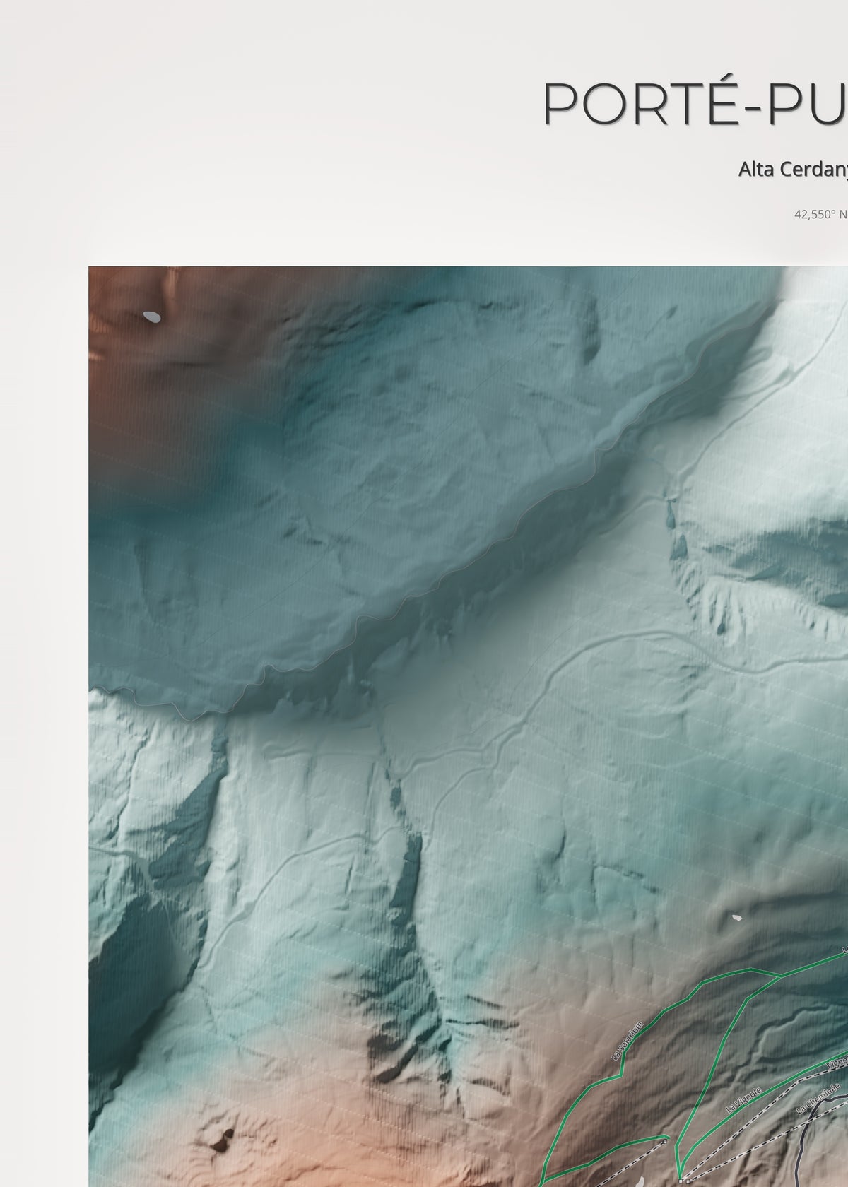 Mapa de pistas de Porté-Puymorens · Contrastado · 50 × 70 cm. Detalle del cuadrante superior izquierdo.