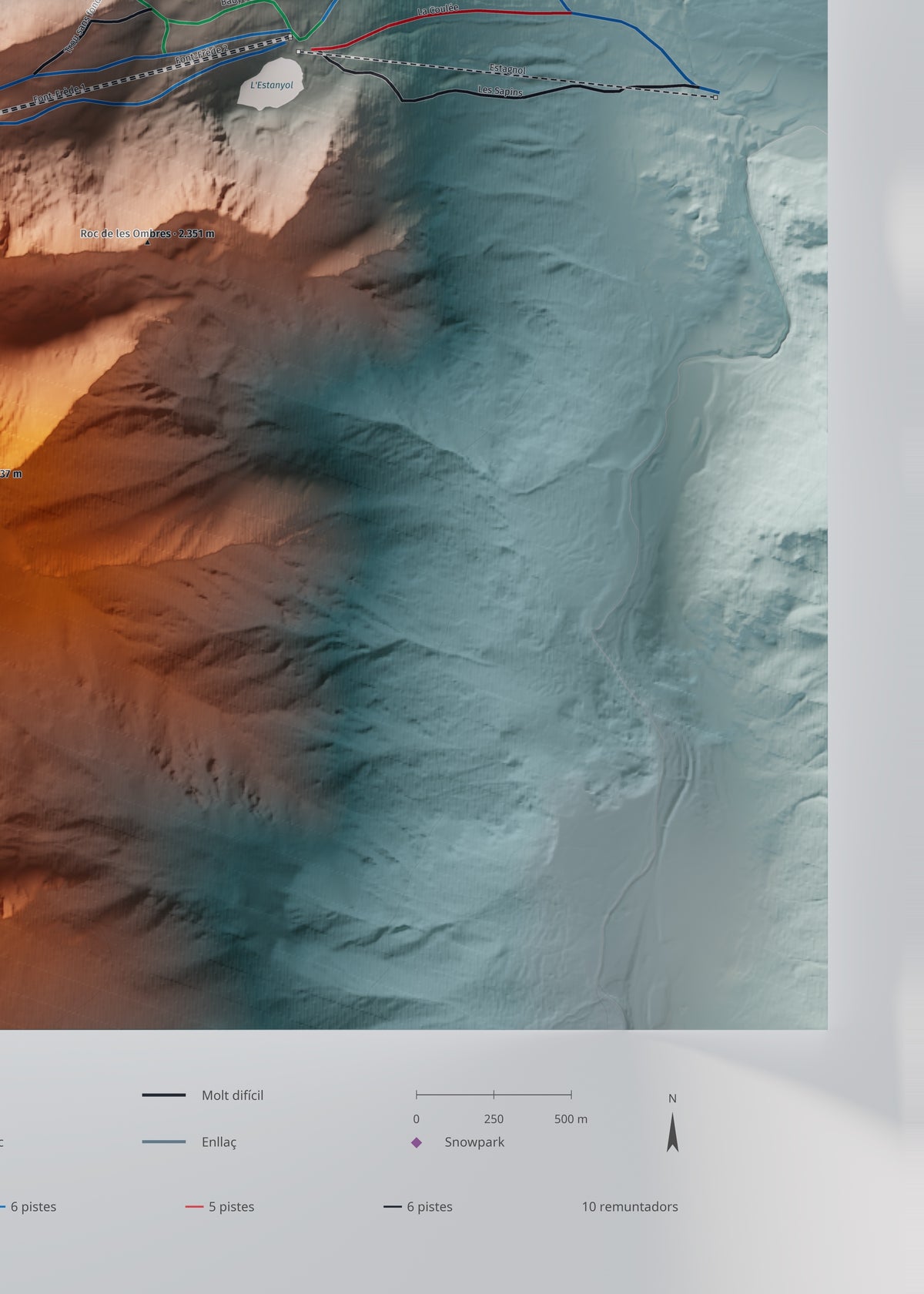 Mapa de pistas de Porté-Puymorens · Contrastado · 50 × 70 cm. Detalle del cuadrante inferior derecho.