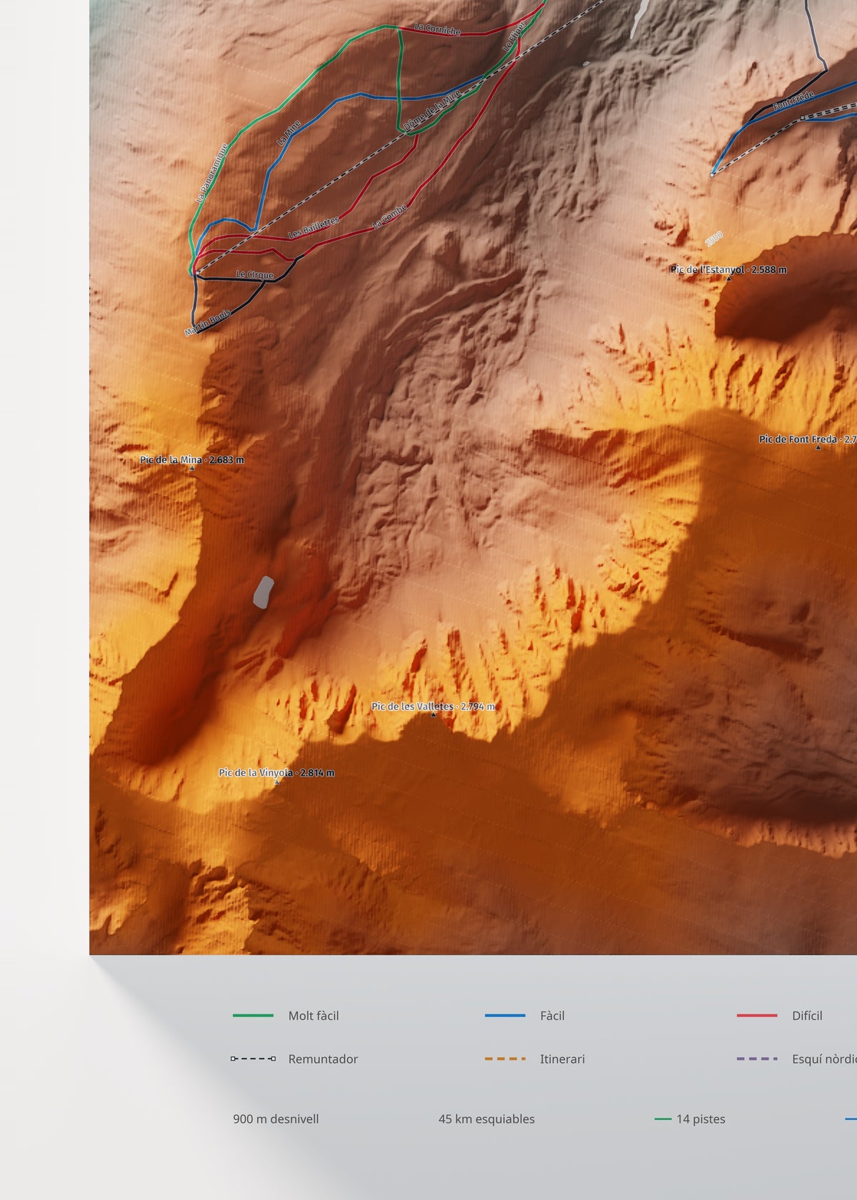 Mapa de pistas de Porté-Puymorens · Contrastado · 50 × 70 cm. Detalle del cuadrante inferior izquierdo.