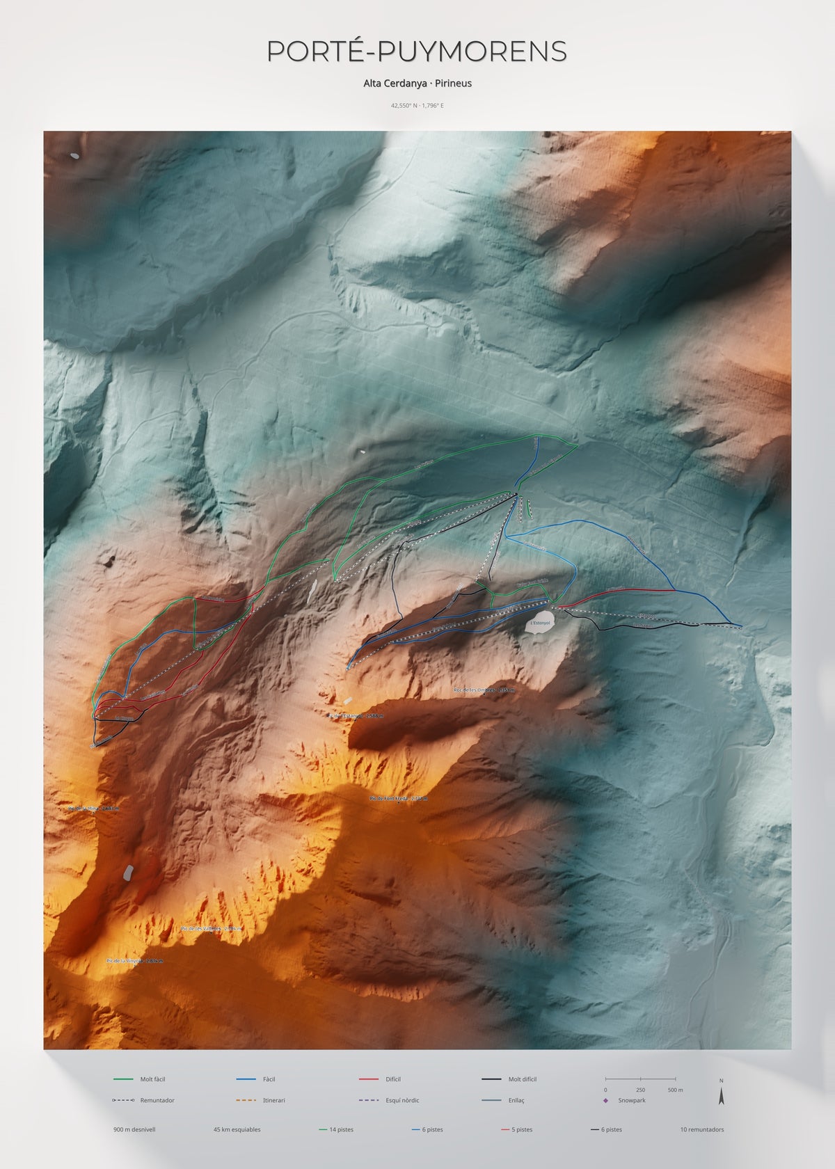 Mapa de pistas de Porté-Puymorens · Contrastado · 50 × 70 cm. Lámina completa.