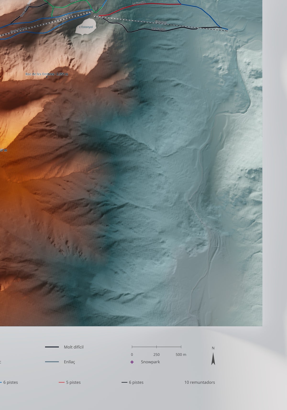 Mapa de pistas de Porté-Puymorens · Contrastado · 70 × 100 cm. Detalle del cuadrante inferior derecho.