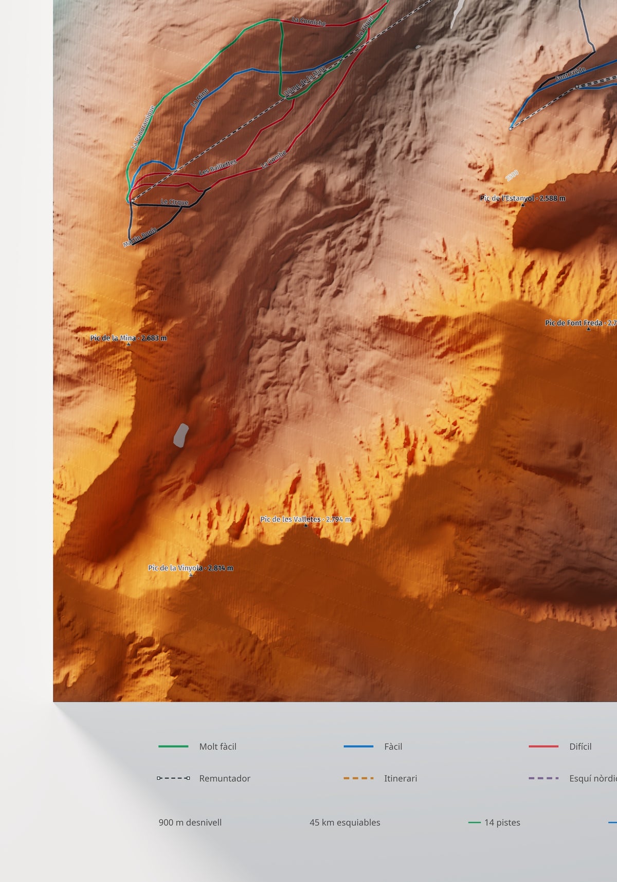 Mapa de pistas de Porté-Puymorens · Contrastado · 70 × 100 cm. Detalle del cuadrante inferior izquierdo.