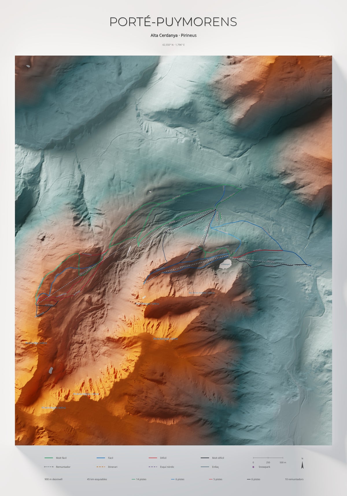 Mapa de pistas de Porté-Puymorens · Contrastado · 70 × 100 cm. Lámina completa.