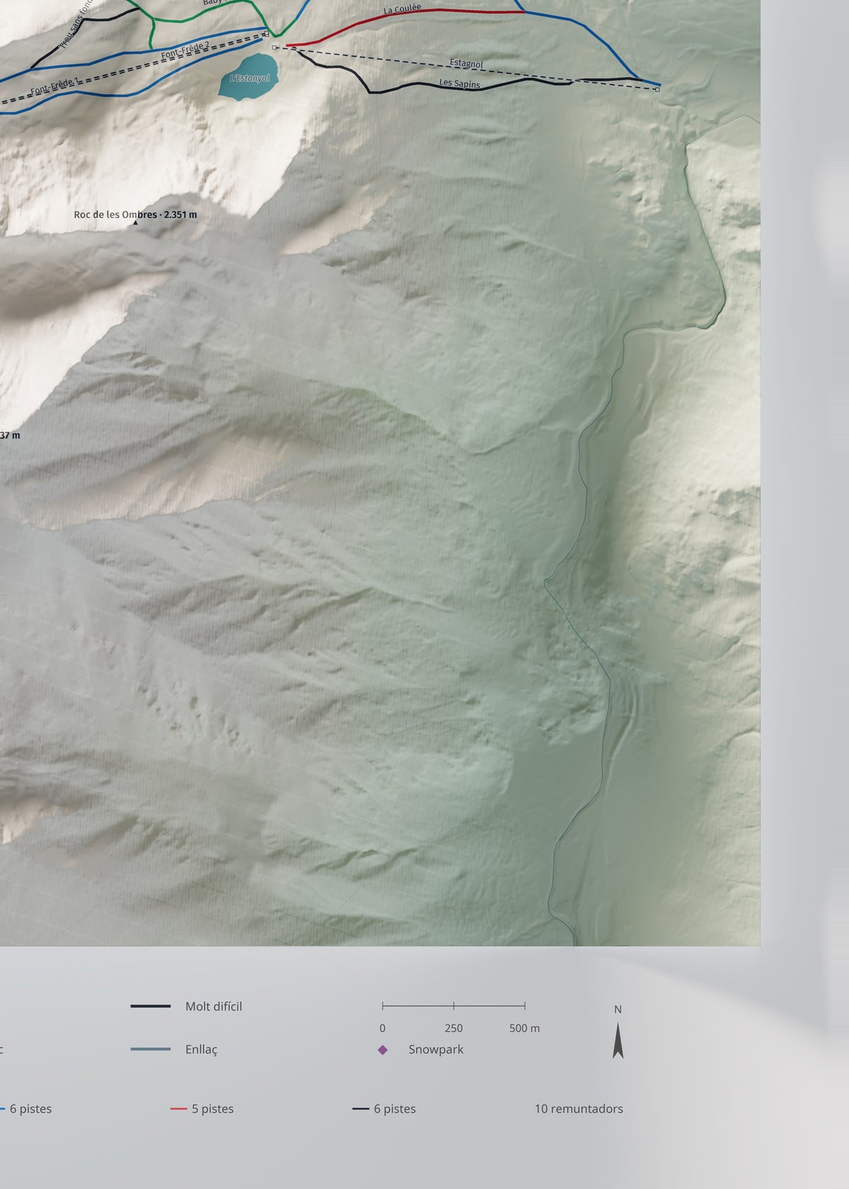Mapa de pistas de Porté-Puymorens · Cartográfico · 50 × 70 cm. Detalle del cuadrante inferior derecho.