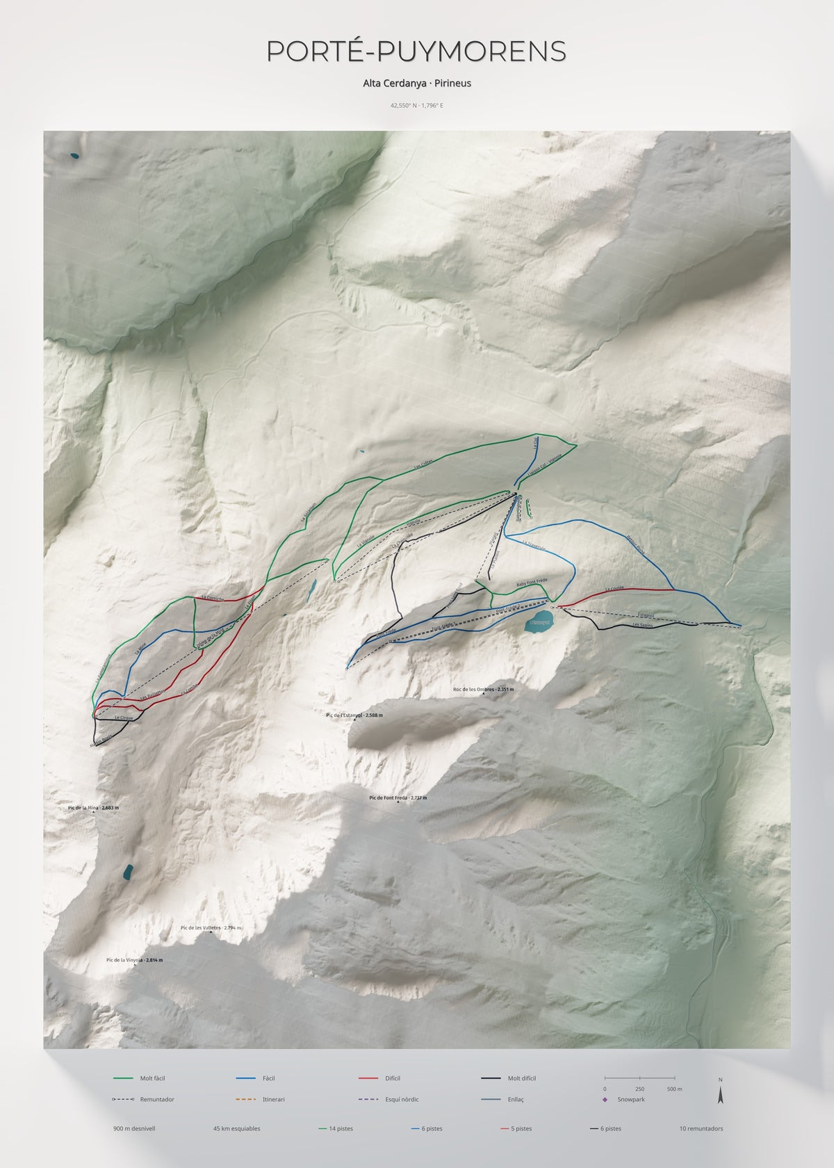 Mapa de pistas de Porté-Puymorens · Cartográfico · 50 × 70 cm. Lámina completa.