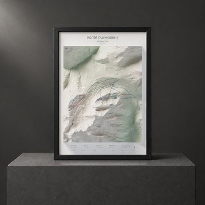 Mapa de pistas de Porté-Puymorens · Cartográfico · 50 × 70 cm. Lámina enmarcada en negro sobre un pedestal.