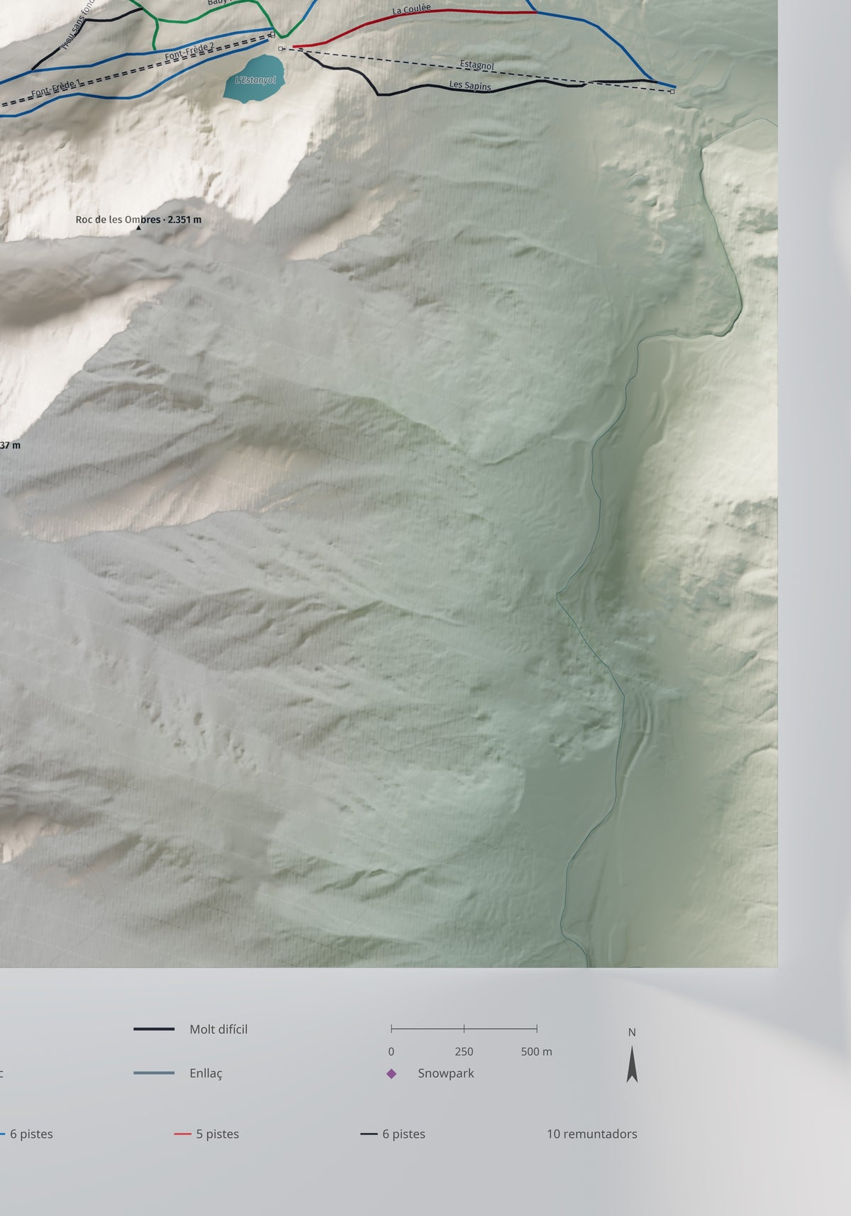 Mapa de pistas de Porté-Puymorens · Cartográfico · 70 × 100 cm. Detalle del cuadrante inferior derecho.