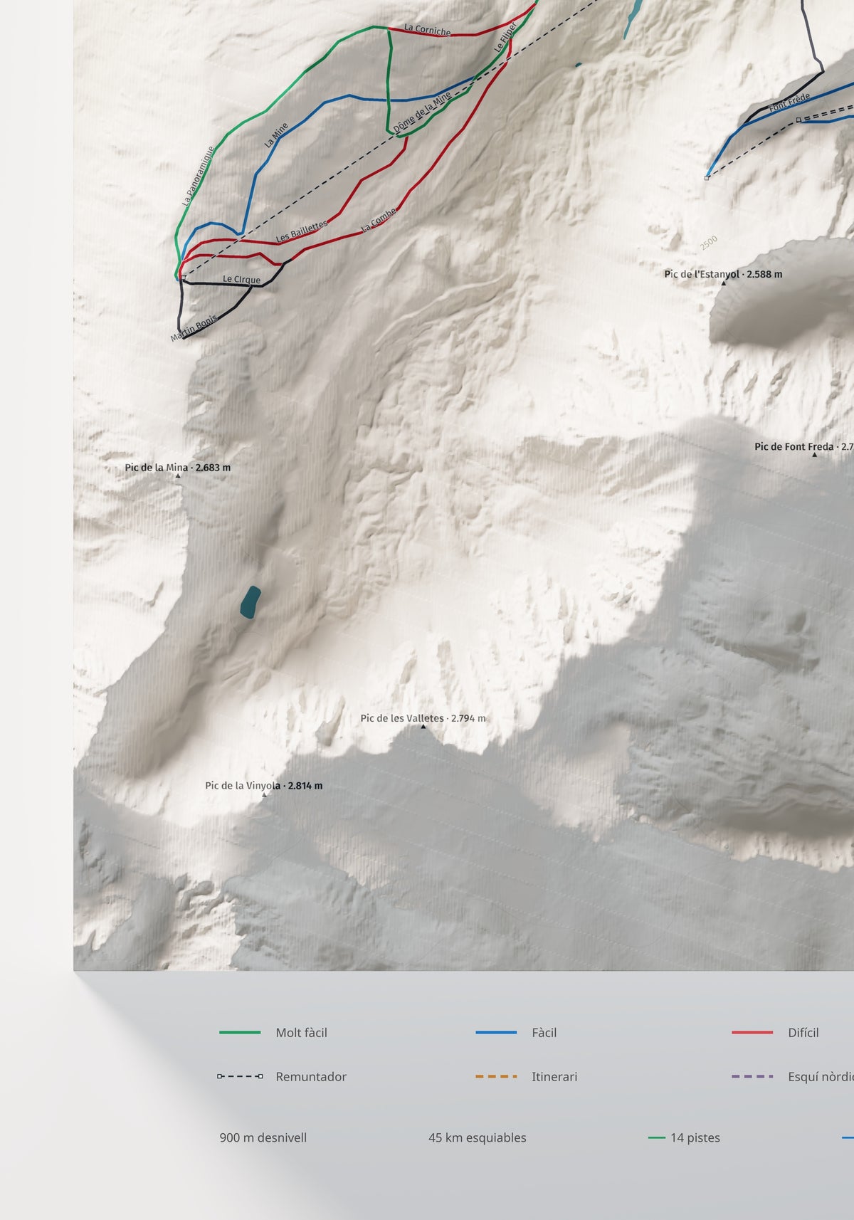 Mapa de pistas de Porté-Puymorens · Cartográfico · 70 × 100 cm. Detalle del cuadrante inferior izquierdo.