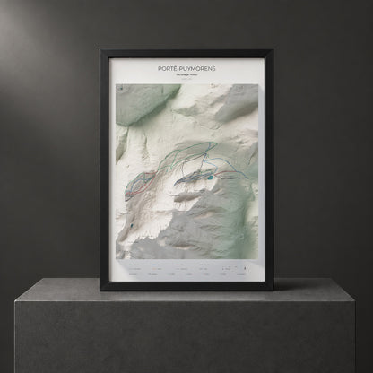 Mapa de pistas de Porté-Puymorens · Cartográfico · 70 × 100 cm. Lámina enmarcada en negro sobre un pedestal.