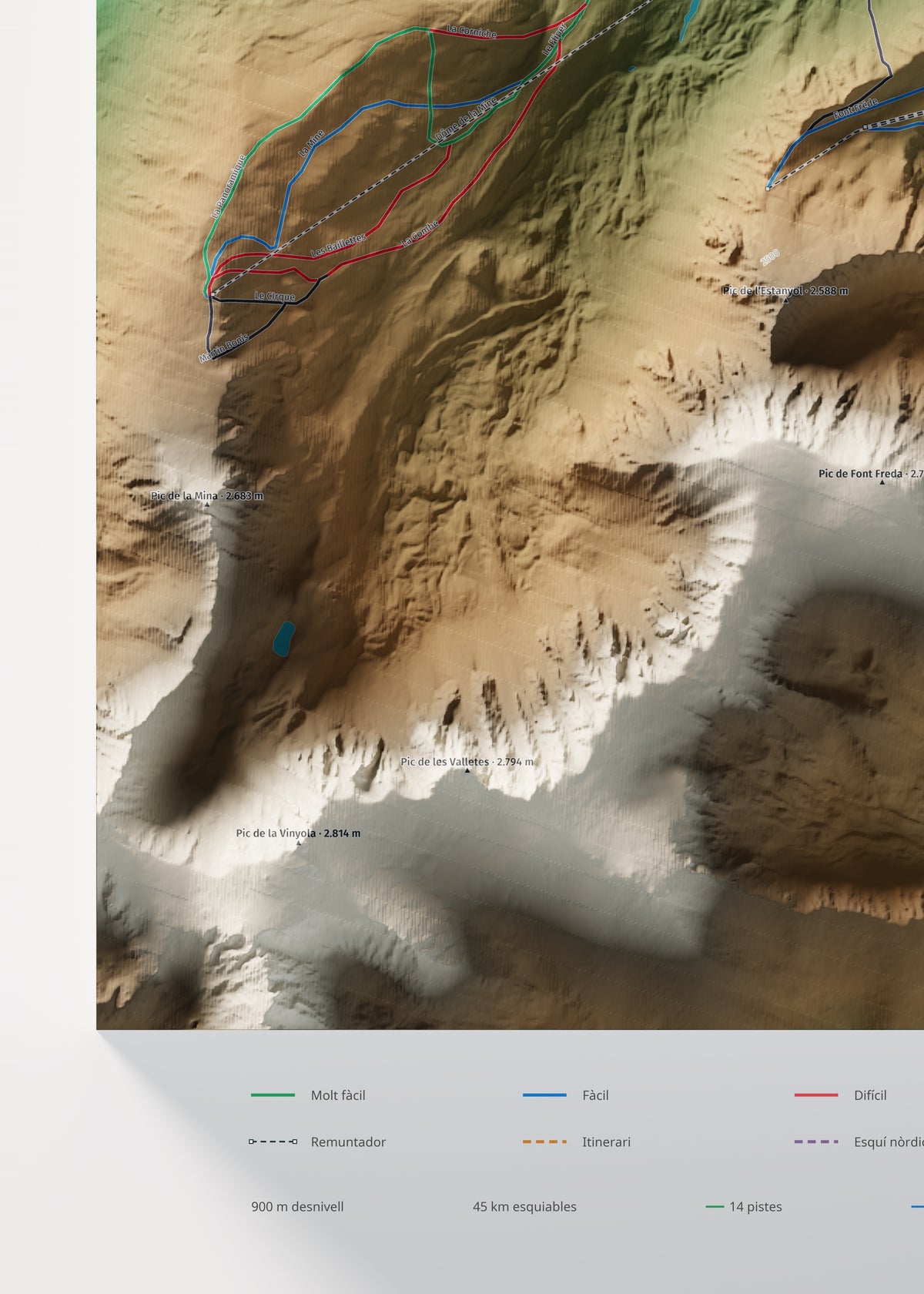 Mapa de pistas de Porté-Puymorens · Clásico · 50 × 70 cm. Detalle del cuadrante inferior izquierdo.