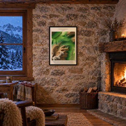 Mapa de pistas de Porté-Puymorens · Clásico · 50 × 70 cm. Lámina enmarcada en la pared de piedra de un refugio con chimenea.