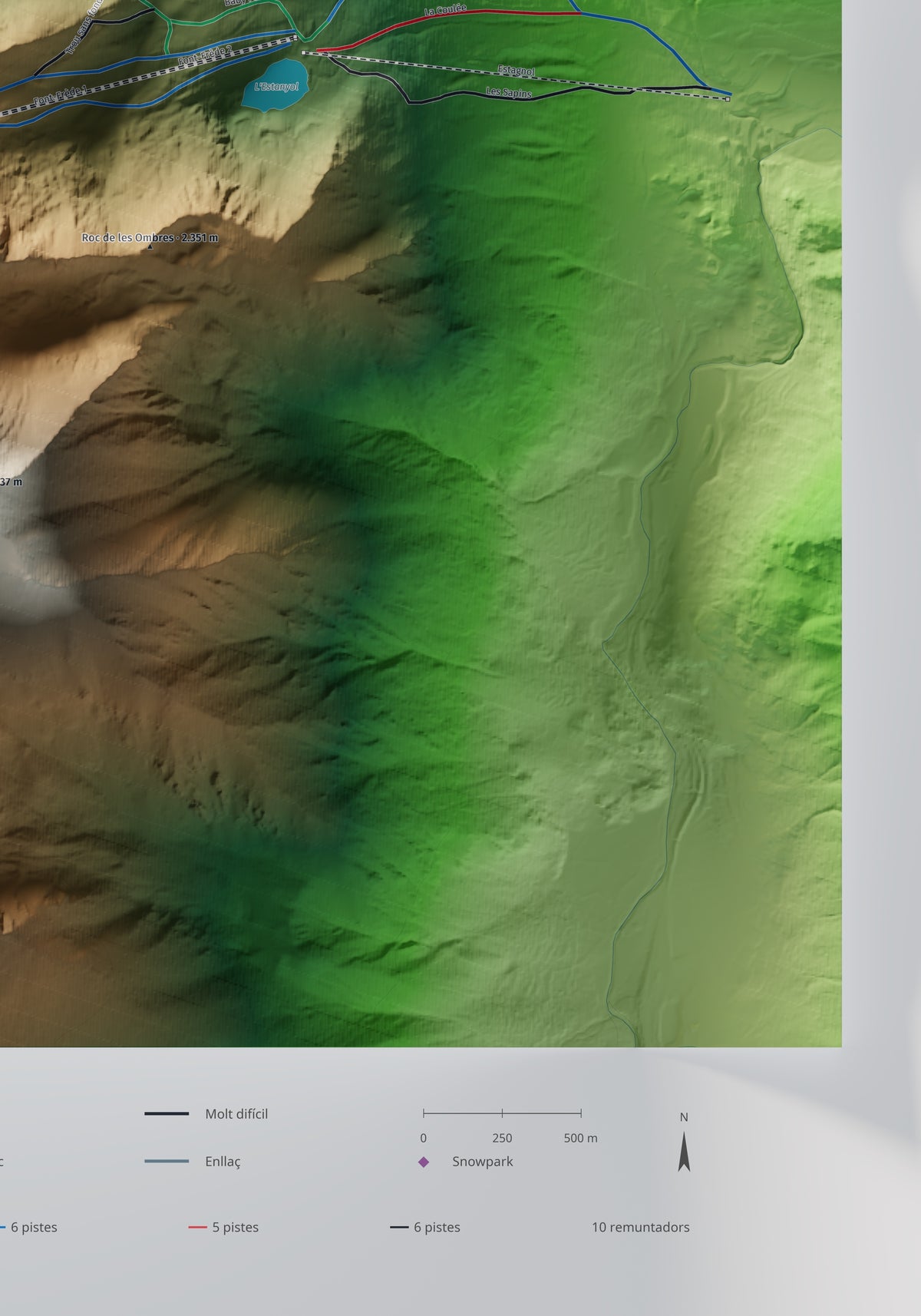 Mapa de pistas de Porté-Puymorens · Clásico · 70 × 100 cm. Detalle del cuadrante inferior derecho.