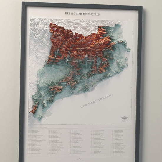 Recorrido en vídeo del mapa de las 150 cimas esenciales, azul y naranja con mar blanco. Presentación sin rótulos añadidos.