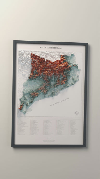Recorrido en vídeo del mapa de las 150 cimas esenciales, azul y naranja con mar blanco. Presentación sin rótulos añadidos.