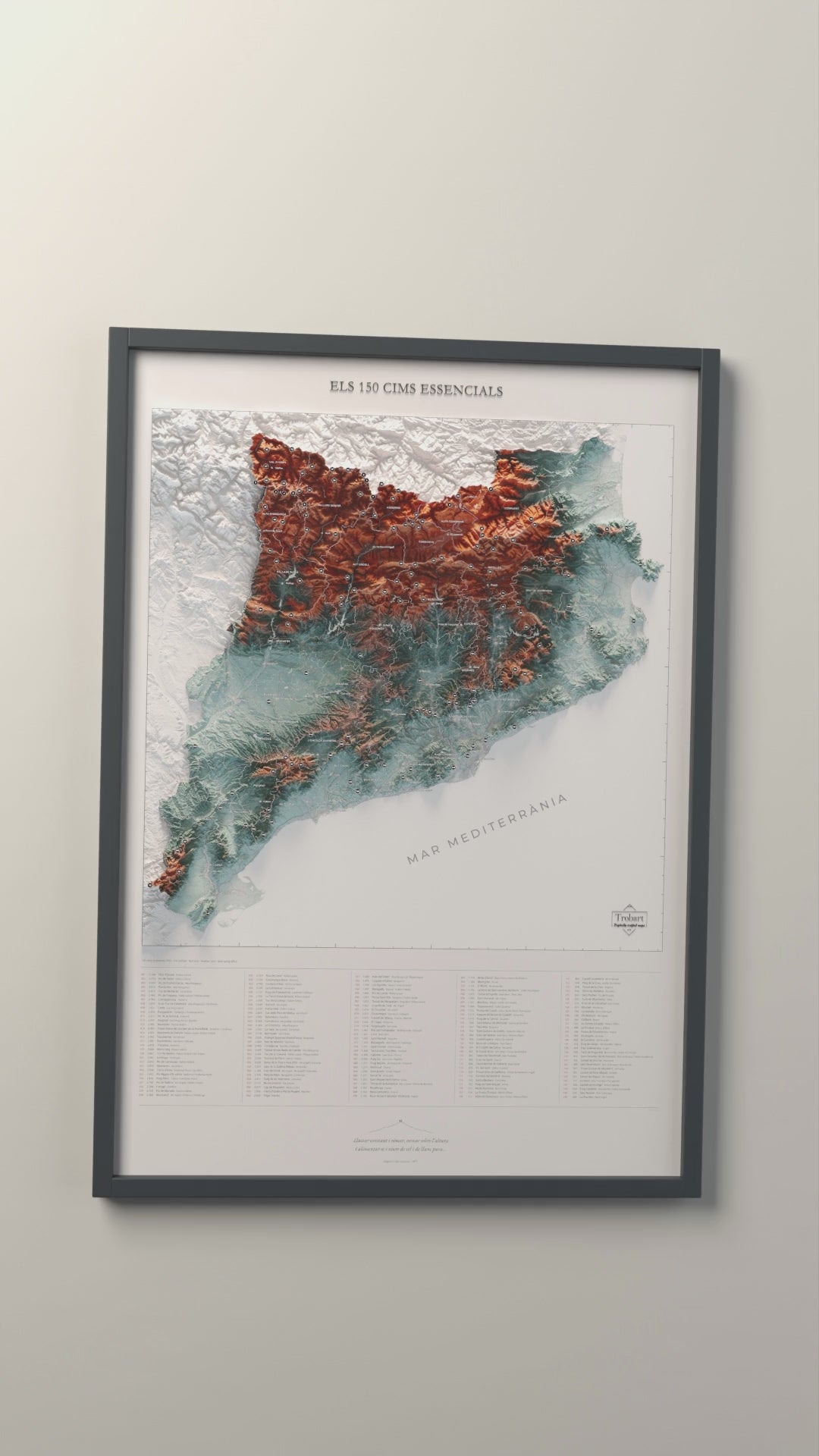 Recorrido en vídeo del mapa de las 150 cimas esenciales, azul y naranja con mar blanco. Presentación sin rótulos añadidos.