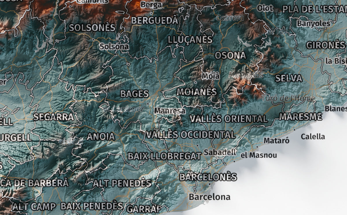 Mapa del relieve de Principat de Catalunya · Contrastado · 21 × 30 cm · Ciudades y límites administrativos