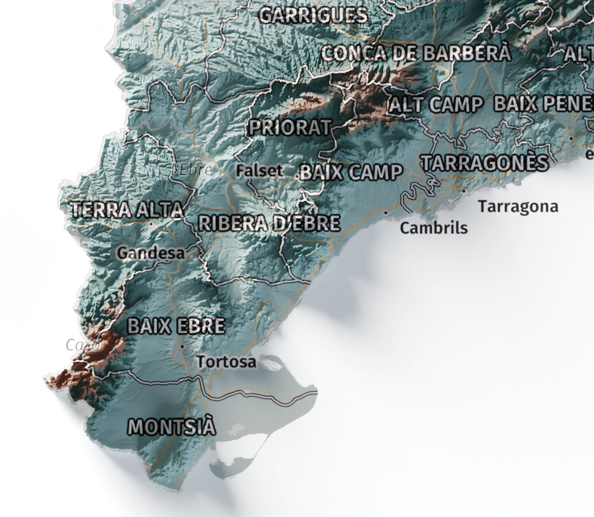 Mapa del relieve de Principat de Catalunya · Contrastado · 21 × 30 cm · Detalle del sur