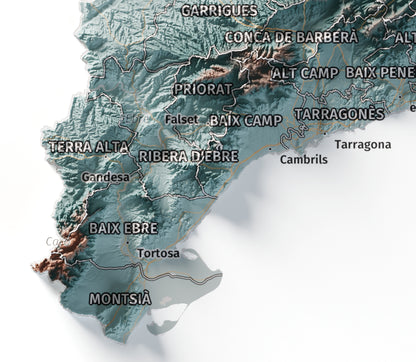 Mapa del relieve de Principat de Catalunya · Contrastado · 21 × 30 cm · Detalle del sur