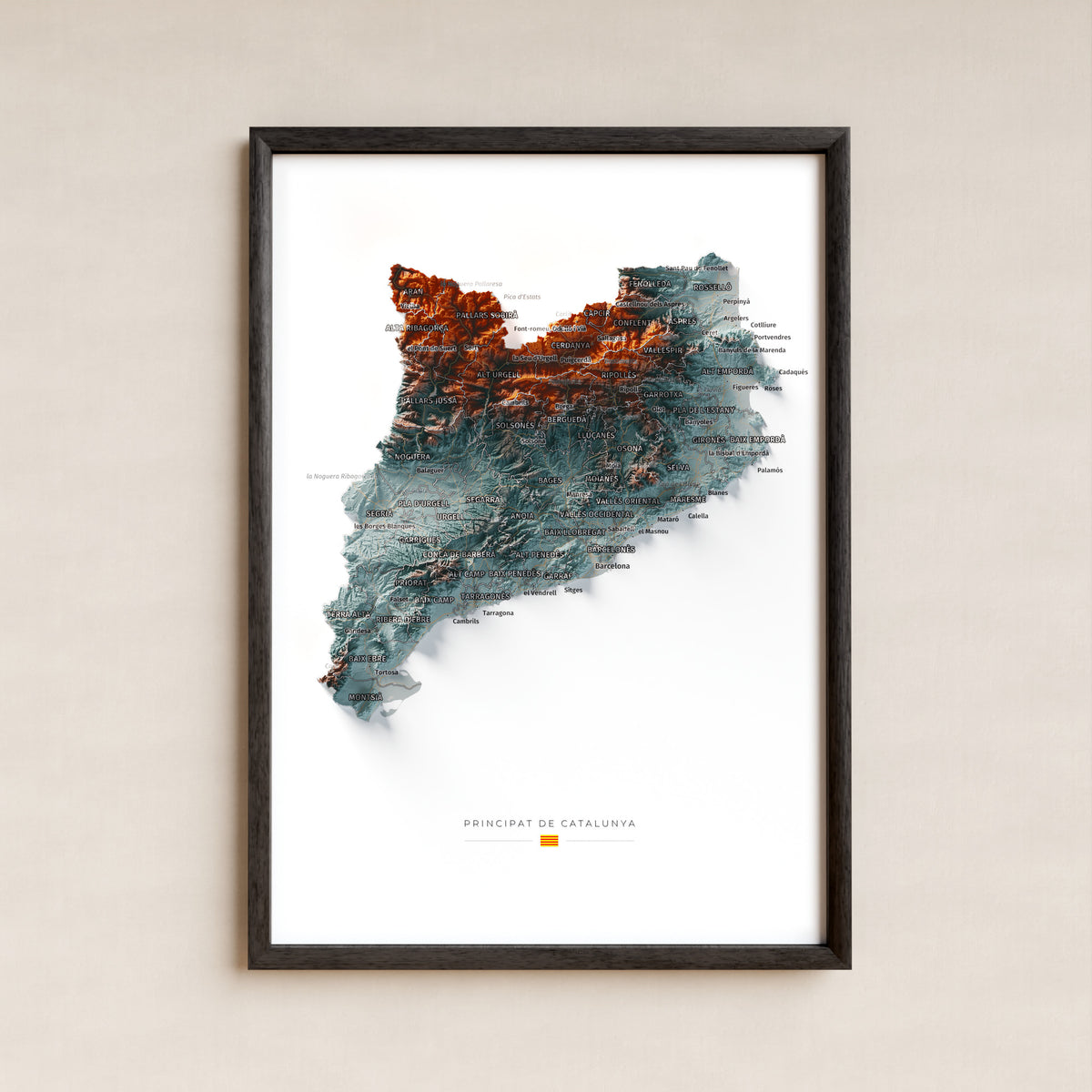 Mapa del relieve de Principat de Catalunya · Contrastado · 21 × 30 cm · Lámina enmarcada