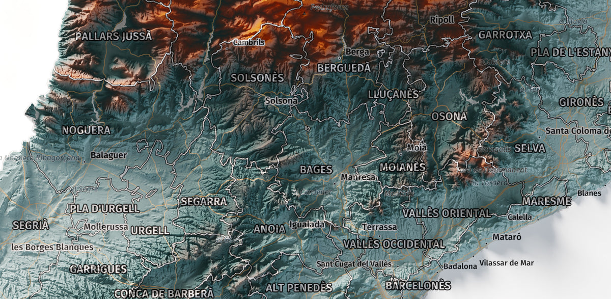 Mapa del relieve de Principat de Catalunya · Contrastado · 30 × 40 cm · Detalle del centro