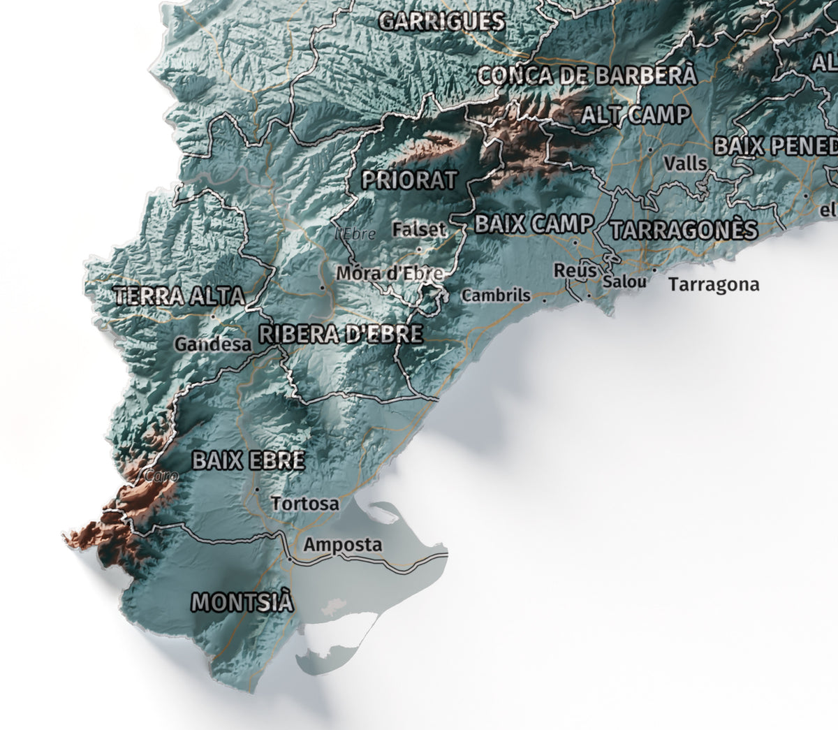 Mapa del relieve de Principat de Catalunya · Contrastado · 30 × 40 cm · Detalle del sur