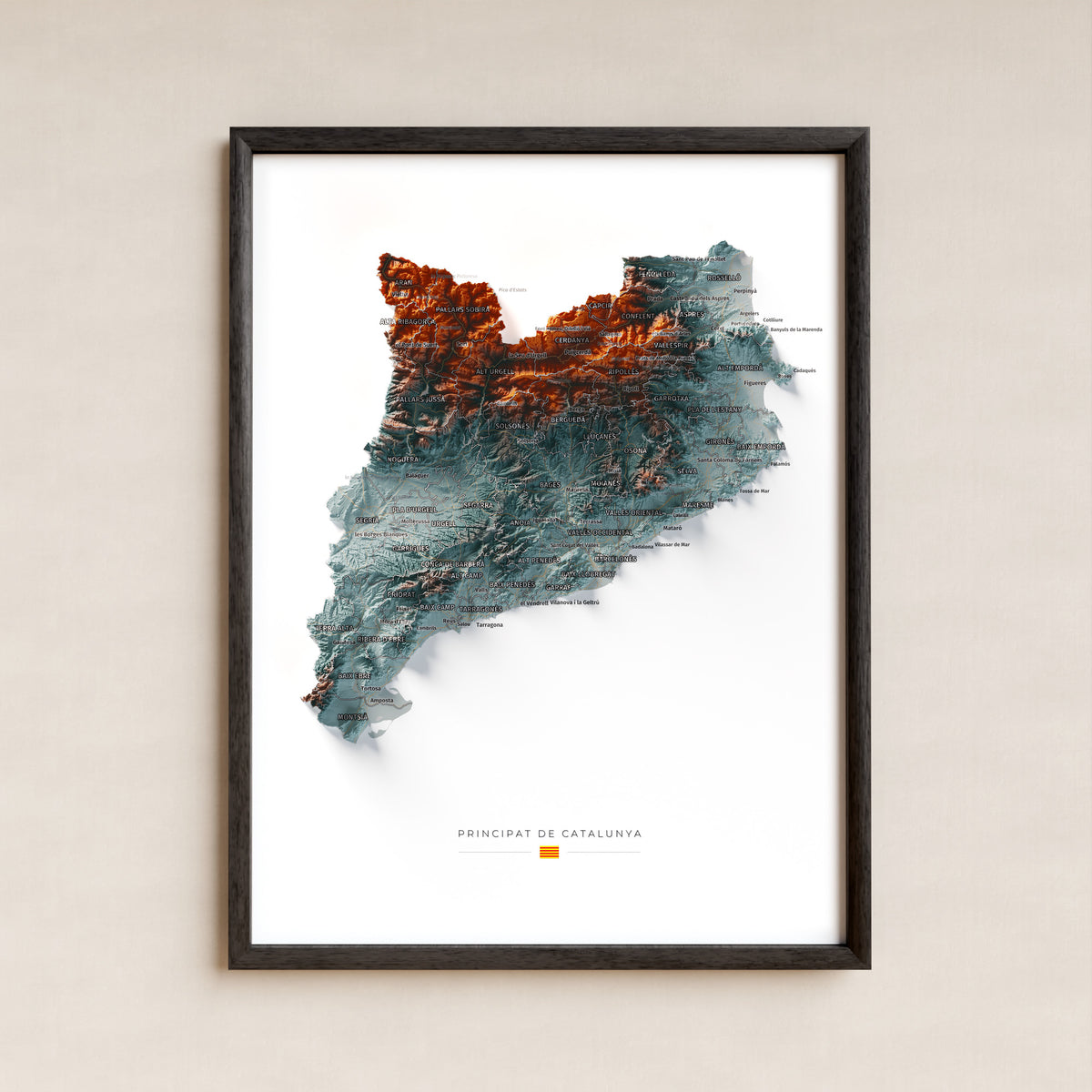 Mapa del relieve de Principat de Catalunya · Contrastado · 30 × 40 cm · Lámina enmarcada