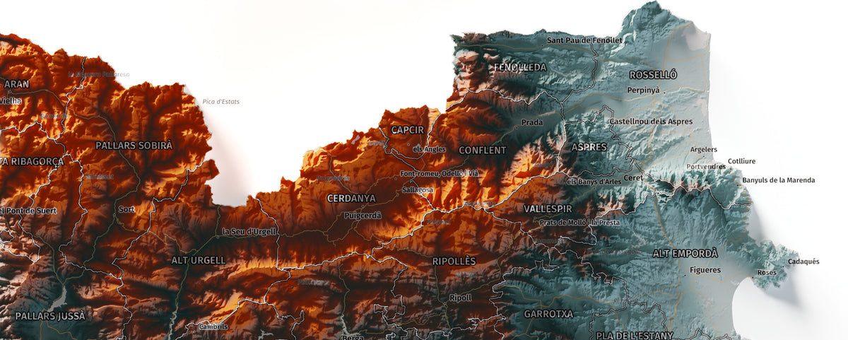 Mapa del relieve de Principat de Catalunya · Contrastado · 50 × 70 cm · Detalle del norte