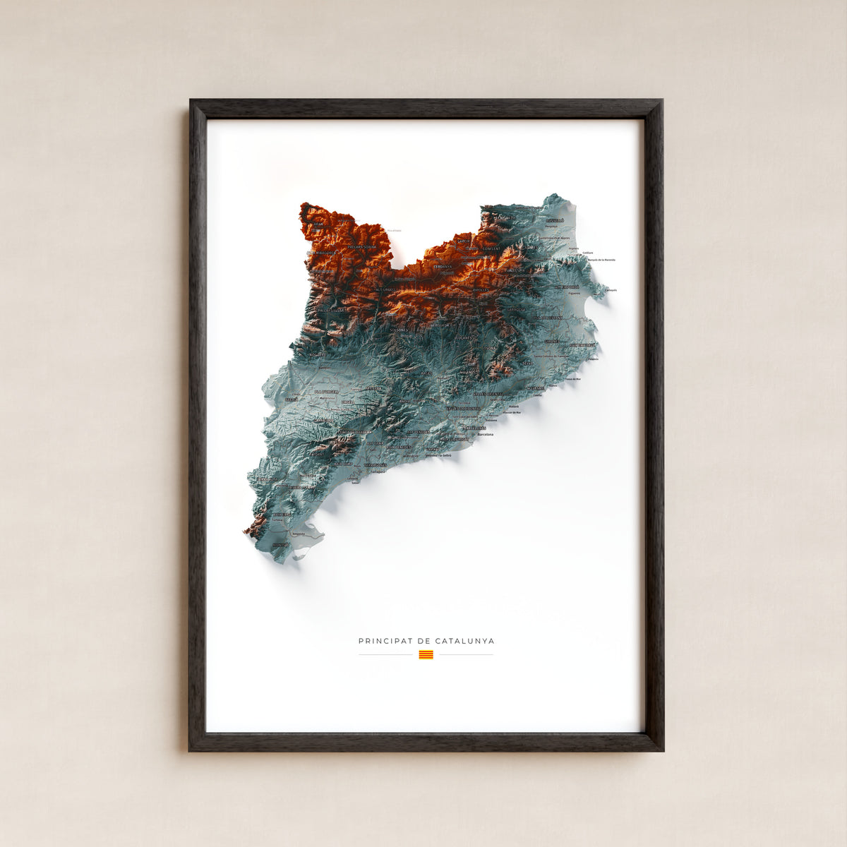 Mapa del relieve de Principat de Catalunya · Contrastado · 50 × 70 cm · Lámina enmarcada