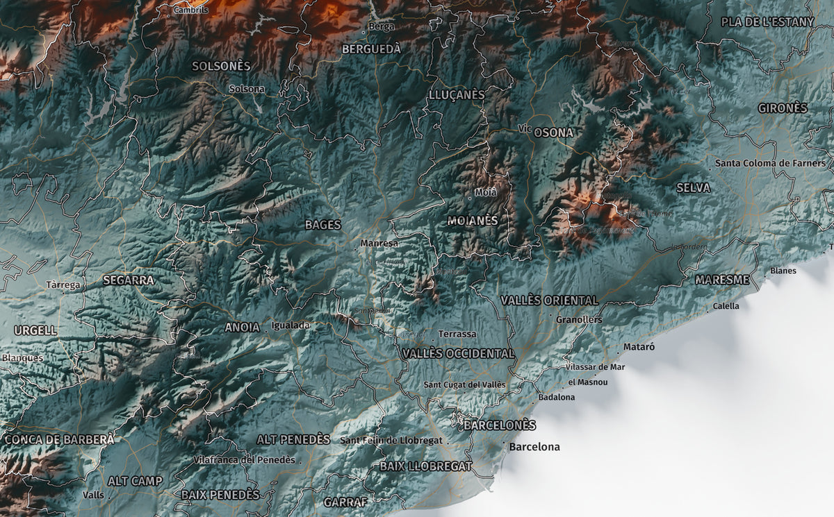 Mapa del relieve de Principat de Catalunya · Contrastado · 61 × 91 cm · Ciudades y límites administrativos