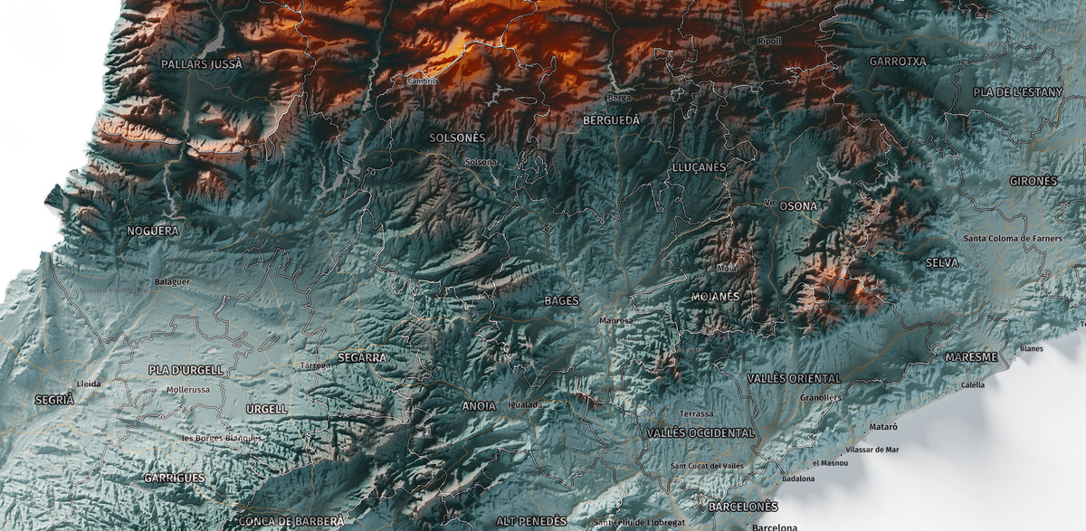 Mapa del relieve de Principat de Catalunya · Contrastado · 70 × 100 cm · Detalle del centro
