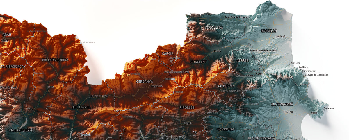 Mapa del relieve de Principat de Catalunya · Contrastado · 70 × 100 cm · Detalle del norte