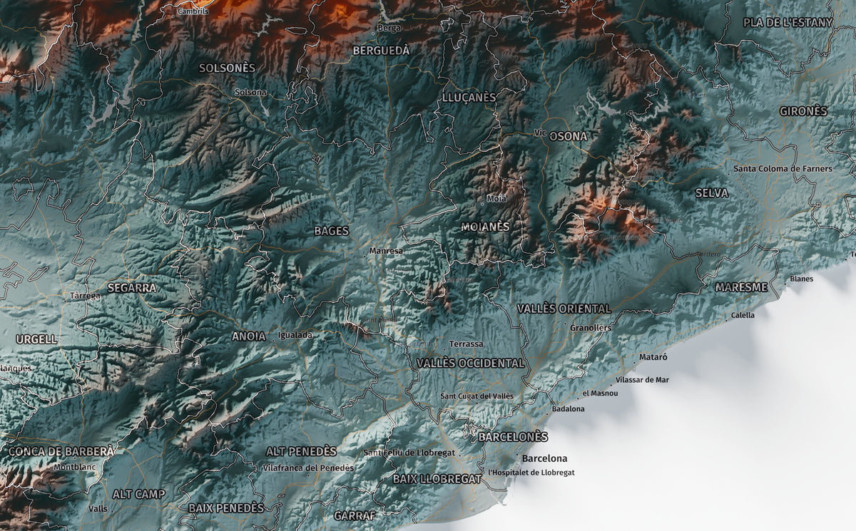 Mapa del relieve de Principat de Catalunya · Contrastado · 70 × 100 cm · Ciudades y límites administrativos
