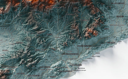 Mapa del relieve de Principat de Catalunya · Contrastado · 70 × 100 cm · Ciudades y límites administrativos