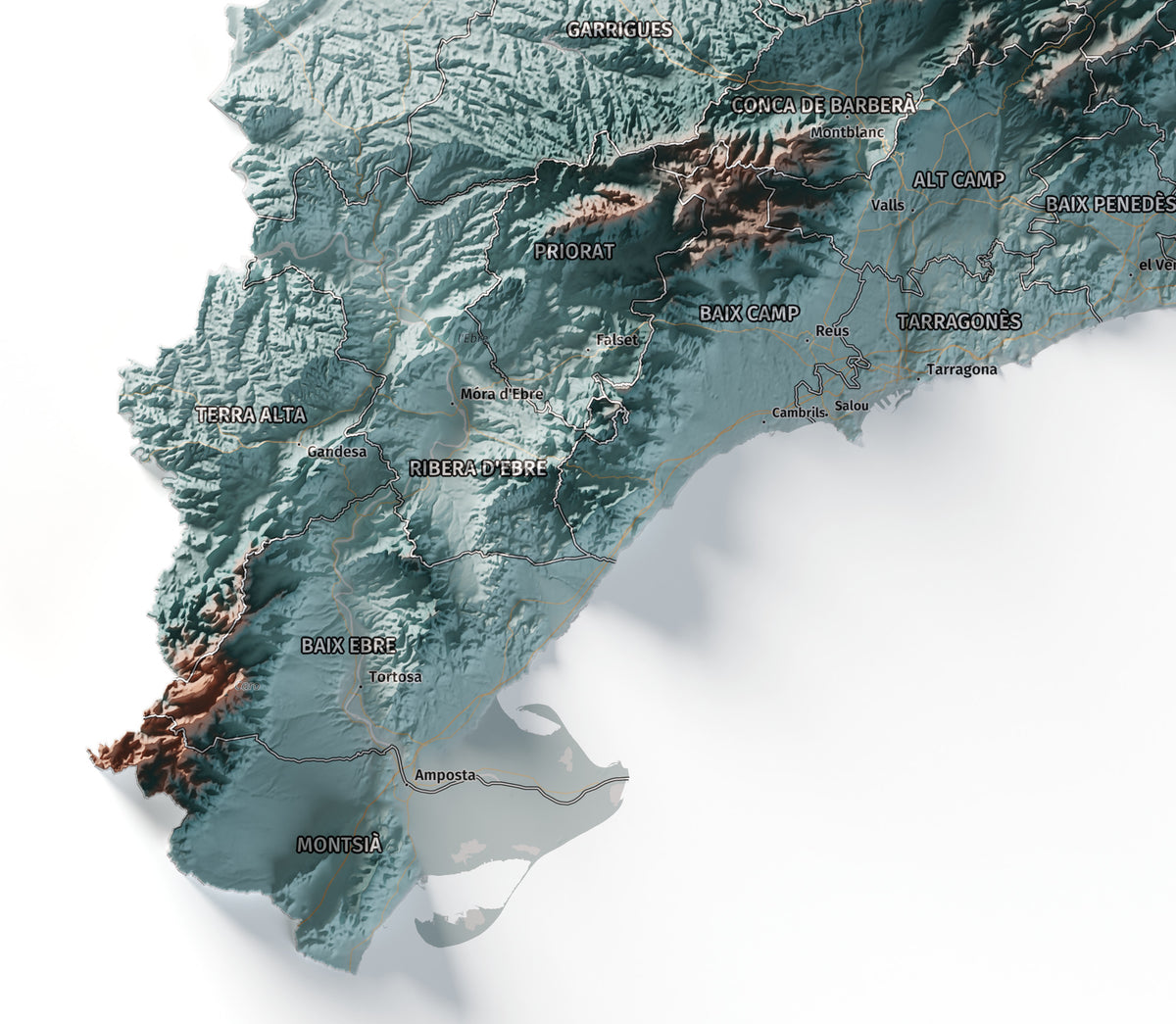 Mapa del relieve de Principat de Catalunya · Contrastado · 70 × 100 cm · Detalle del sur