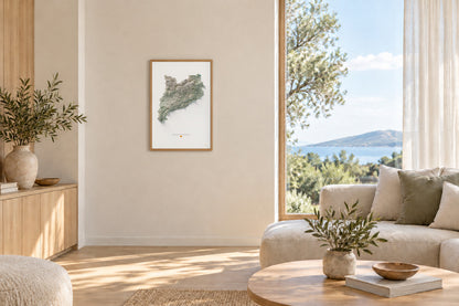 Mapa del relieve de Principat de Catalunya · Cartográfico · 61 × 91 cm · Lámina en un salón luminoso con madera clara